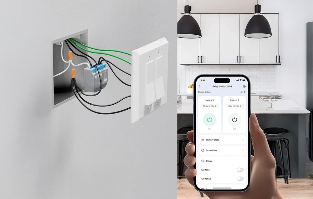 Εγκατάσταση SwitchBot σε τοίχο με άποψη της καλωδίωσης και της εφαρμογής για κινητά για τον έλεγχο δύο διακοπτών